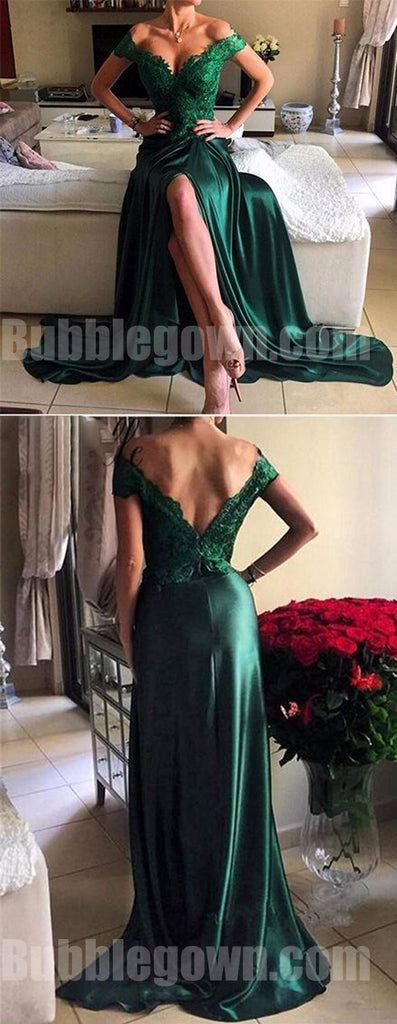 Off the Shoulder Green Lace Top Side Split Sexy Long Evening Prom Dress, BGP054