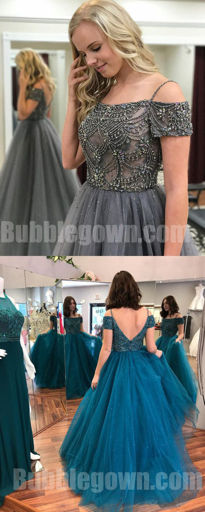 Grey Off the Shoulder Beaded Top Tulle Charming Long Evening Prom Dress, BGP055 - Bubble Gown