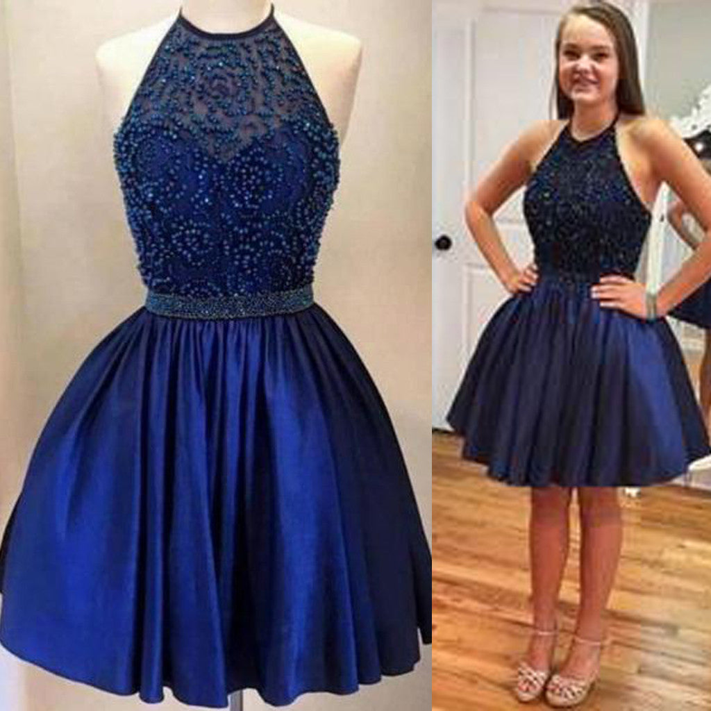 Halter Royal Blue Beaded Open Back Short Homecoming Dresses, BG51442 - Bubble Gown
