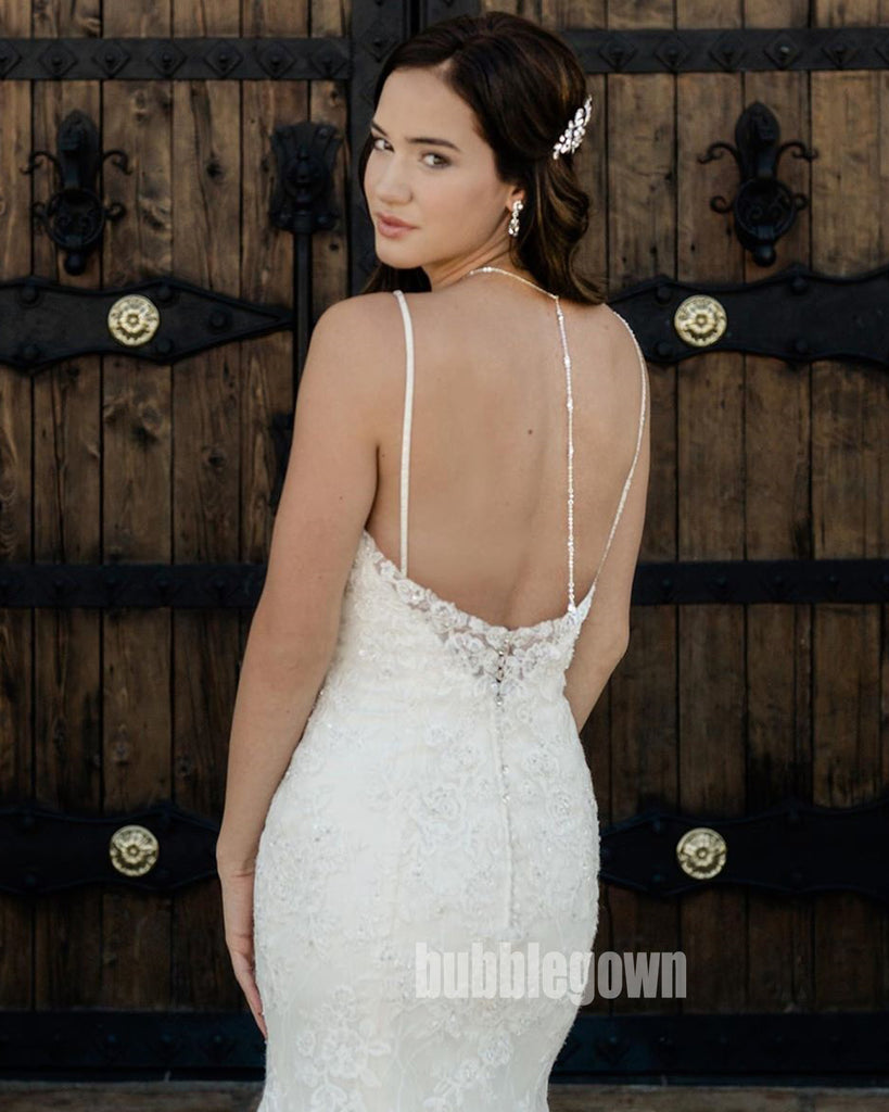 Elegant V-neck Spaghetti Strap Mermaid Lace White Long Wedding Dresses, BGH016