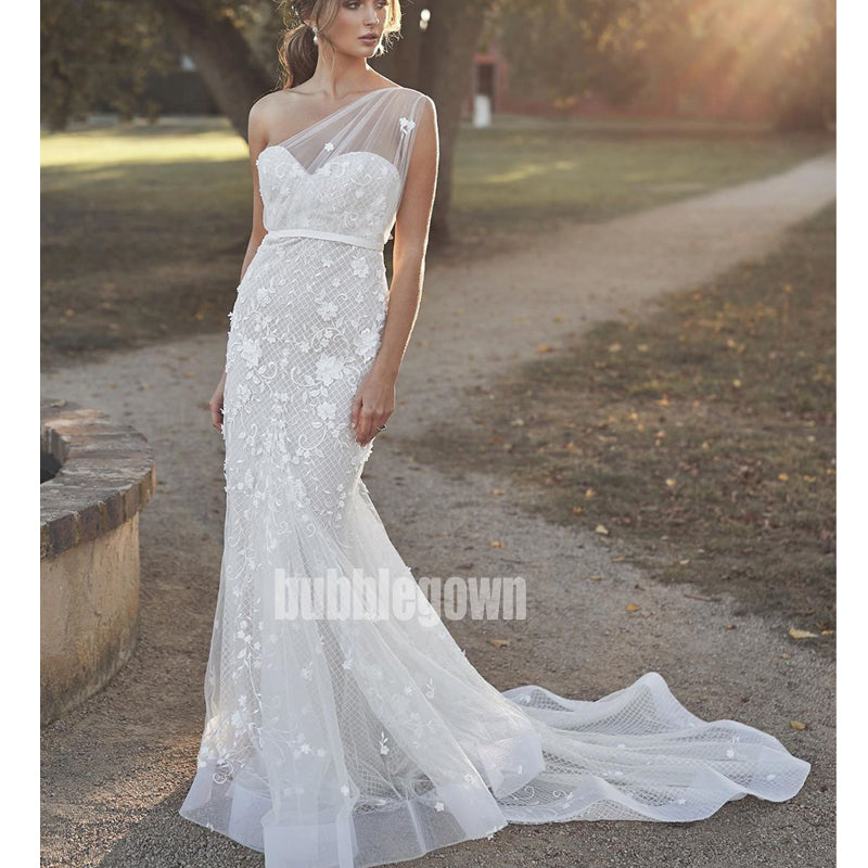 Unique White One-shoulder Mermaid Lace Long Wedding Dresses, BGH029