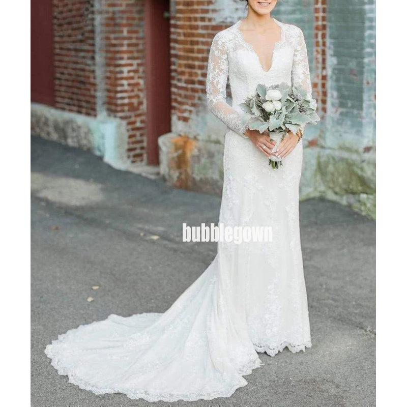 Elegant V-neck Long Sleeve Lace Dream Wedding Dresses, BGH041