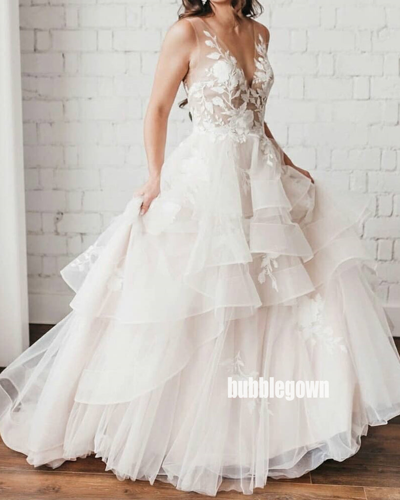 Elegant V-back A-line Tulle Dream Wedding Dresses, BGH060