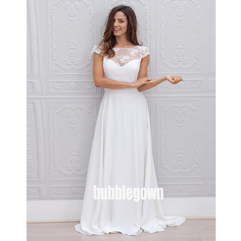 Unique Short Sleeves Open-back Dream Long Wedding Dresses, BGH065