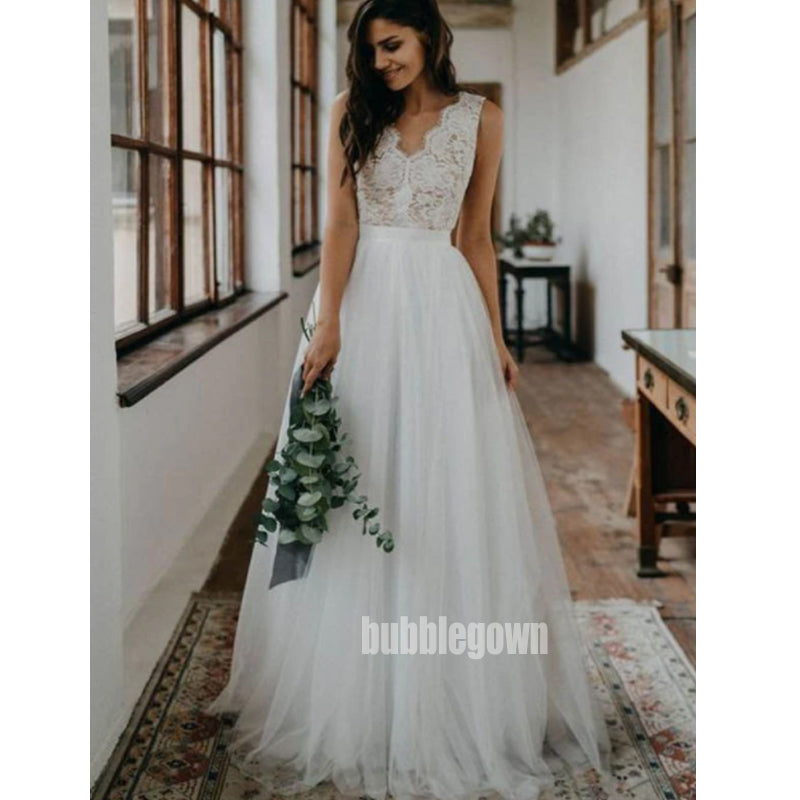 Elegant V-neck  Lace Top Tulle Long Wedding Dresses, BGH068