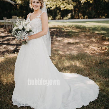 Elegant White V-neck Lace Long Wedding Dresses, BGH076