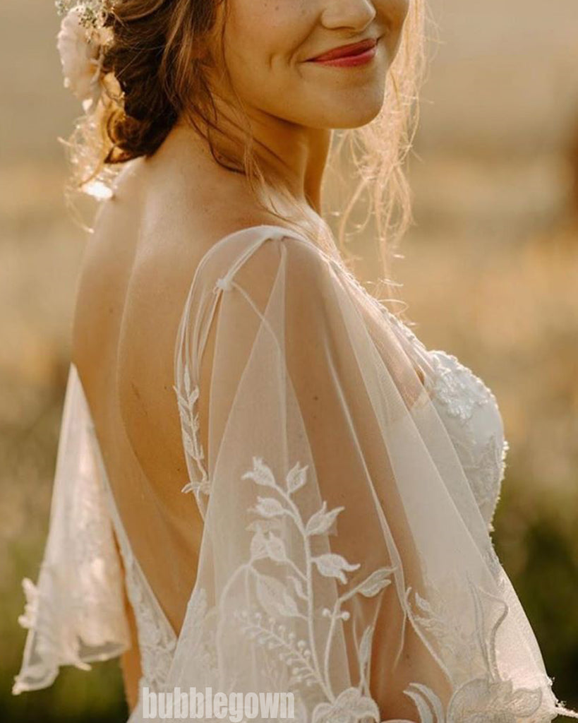 Elegant White V-neck Lace Long Wedding Dresses, BGH076