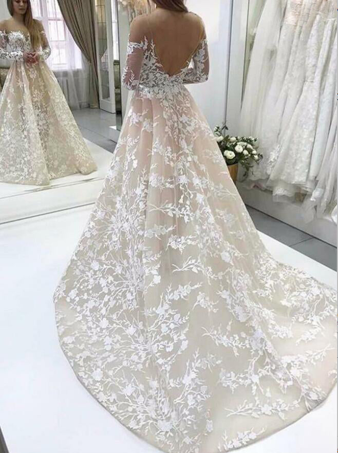 Popular Long Sleeves Unique Applique Lace Long Bridal Wedding Dresses, BGP243
