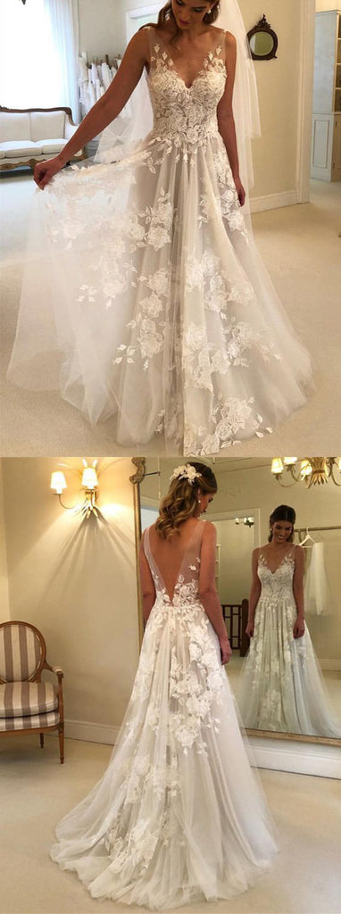 Charming V Neck A Line Cheap Applique Bridal Long Beach Wedding Dresses, BGP264 - Bubble Gown