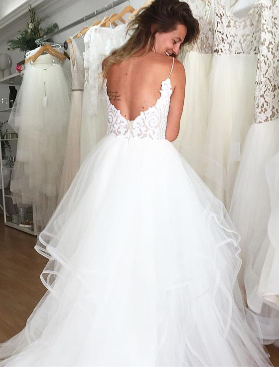Popular Spaghetti Strap Lace Inexpensive Bridal Long Wedding Dresses, BGP262