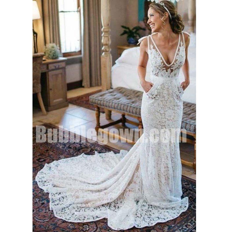 Charming Lace V Neck Mermaid Elegant Long Bridal Wedding Dresses, BGW004 - Bubble Gown