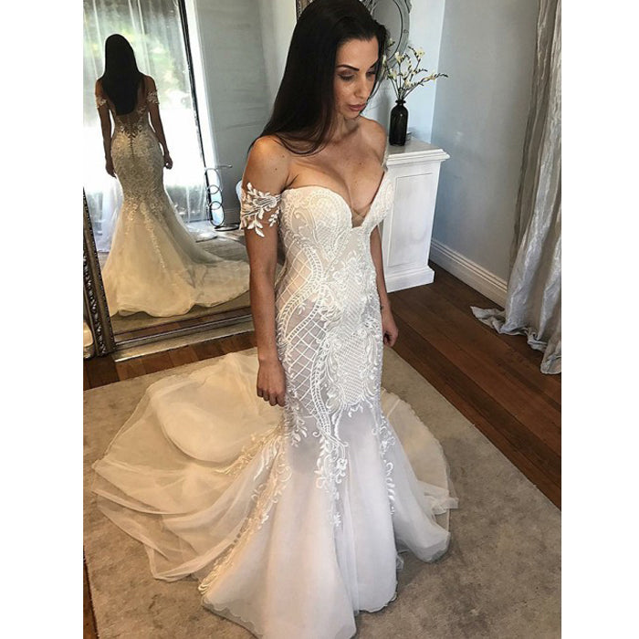 Off the Shoulder Lace Mermaid Inexpensive Long Bridal Wedding Dresses, BG51625