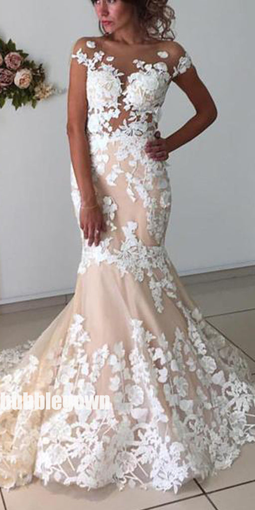 Affordable Cap Sleeves Mermaid Applique Bridal Long Wedding Dresses, BGP271