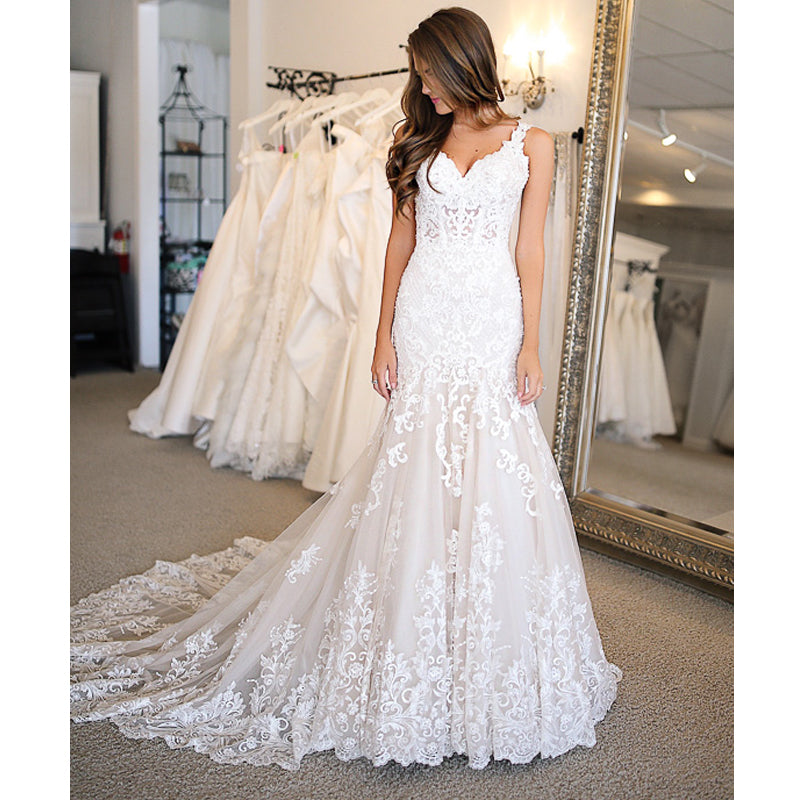 Mermaid Lace Applique Elegant Bridal Long Wedding Dresses, BGP265
