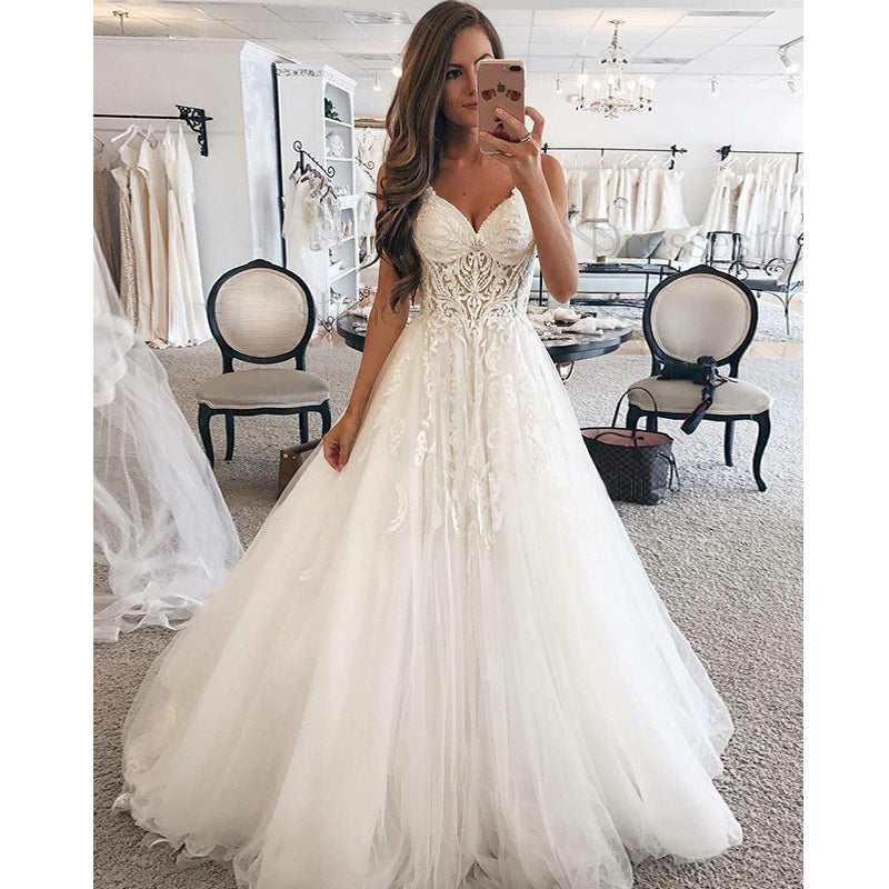 A Line Spaghetti Strap Sweetheart Charming Applique Long Wedding Dresses, BGP261 - Bubble Gown
