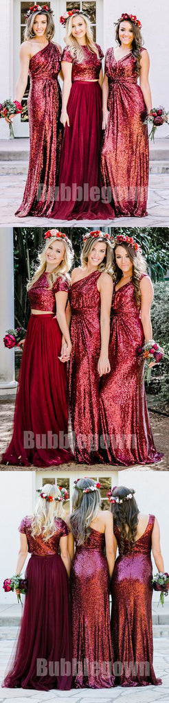 Inexpensive Mismatched Sequin Tulle Long Wedding Party Bridesmaid Dresses, BD009 - Bubble Gown