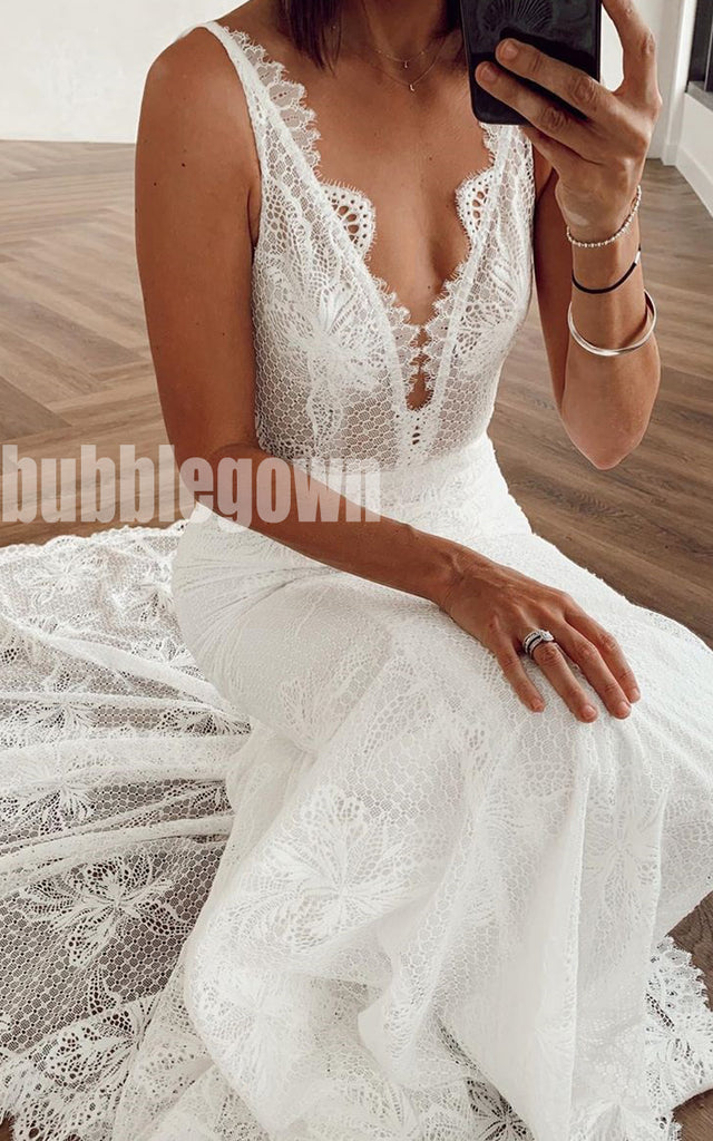 V-neck Sleeveless Lace Bridal Long Wedding Dresses, BGH005
